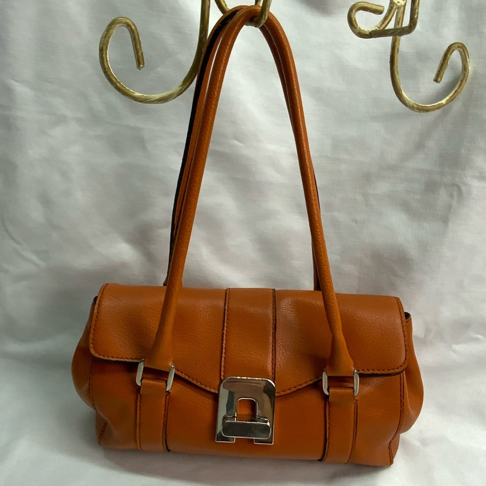 Cognac Brown Synthetic Leather Bag Purse Silver Hardware Buckle Turn Lock